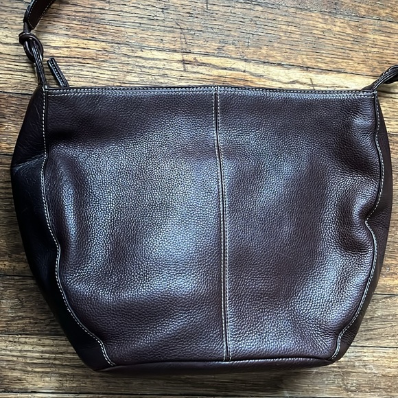 Tignanello shoulder bag chocolate brown pebbled leather top zip - Picture 4 of 13